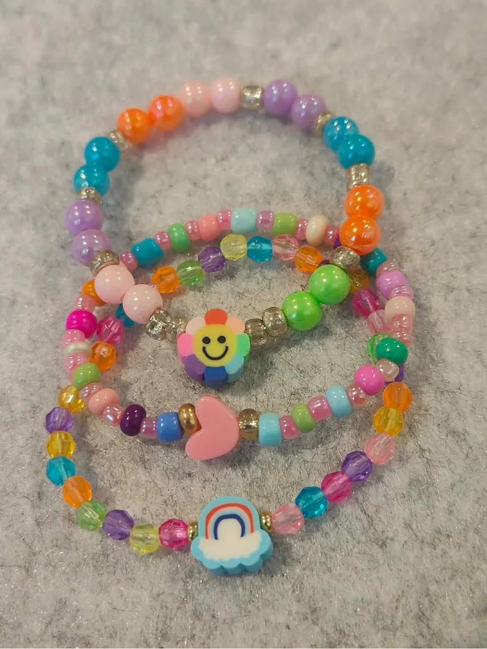 Kids Multicolor Beaded Stretch Bracelet Set - Rainbow Heart & Smile Charms